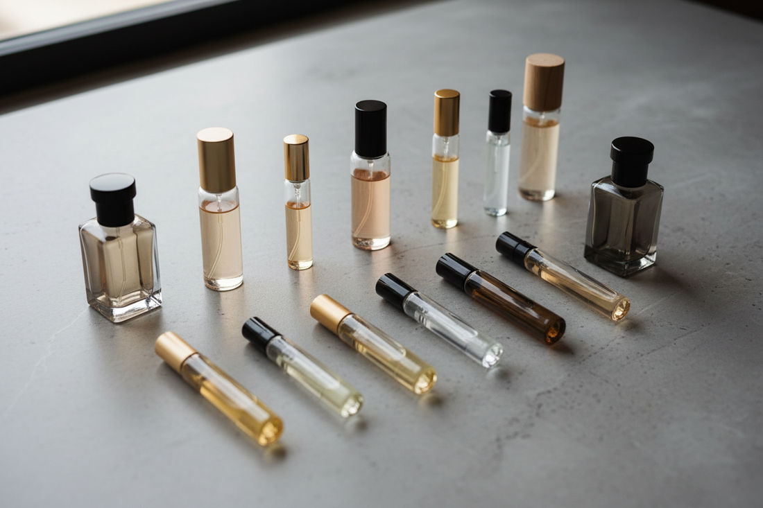 Assorted gender-neutral perfume sample vials on a minimalist grey surface